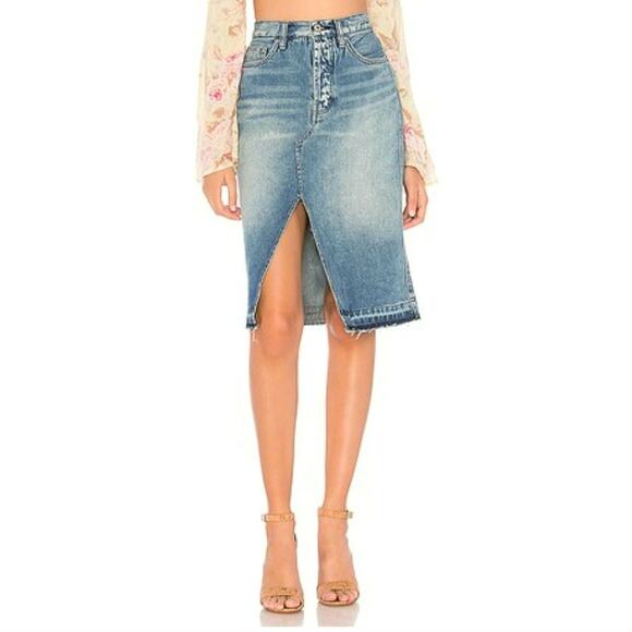Free People We The Free Suzanne Distressed Blue Denim Skirt A Line Midi Size 30 - Picture 9 of 13